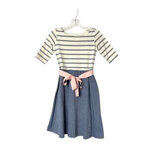 Hope & Henry Girls Striped Organic Cotton Dress Chambray Skirt & Pink Tie Belt L